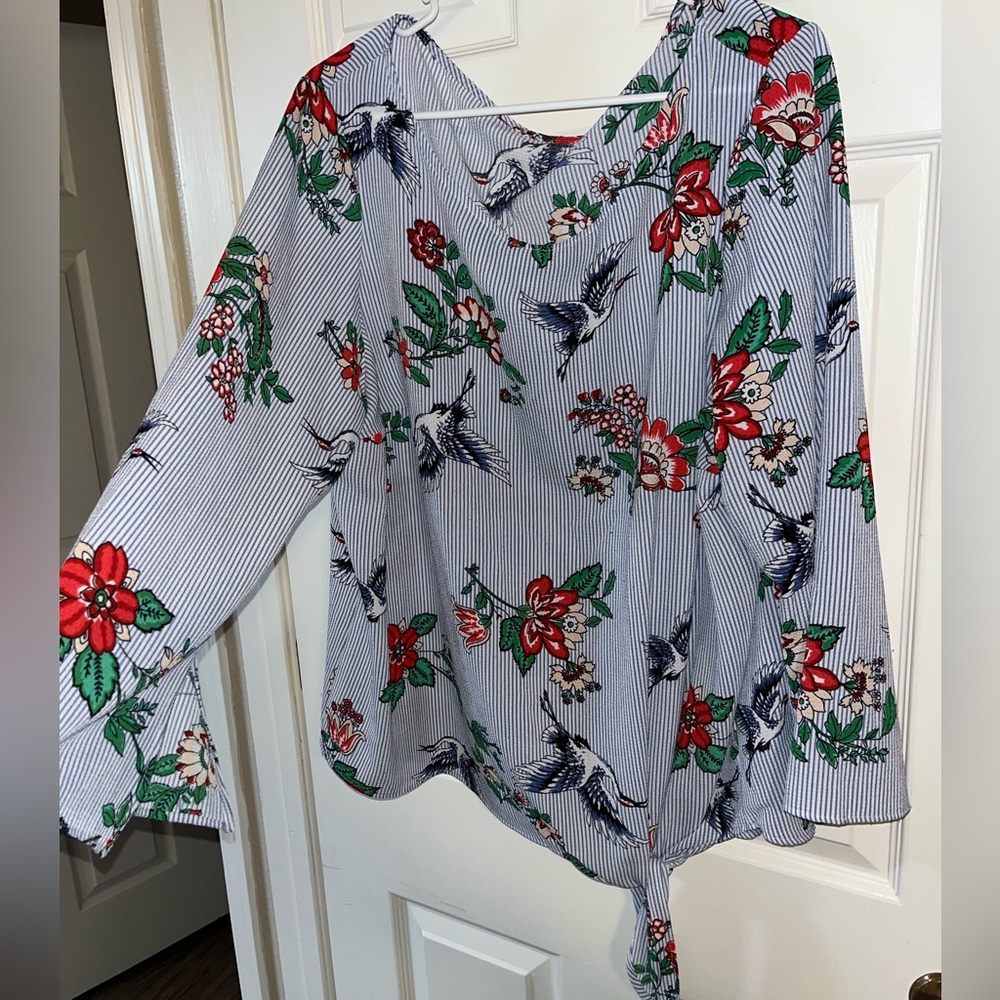 Floral Crane Striped Blouse Sz 2X - Picture 3 of 8